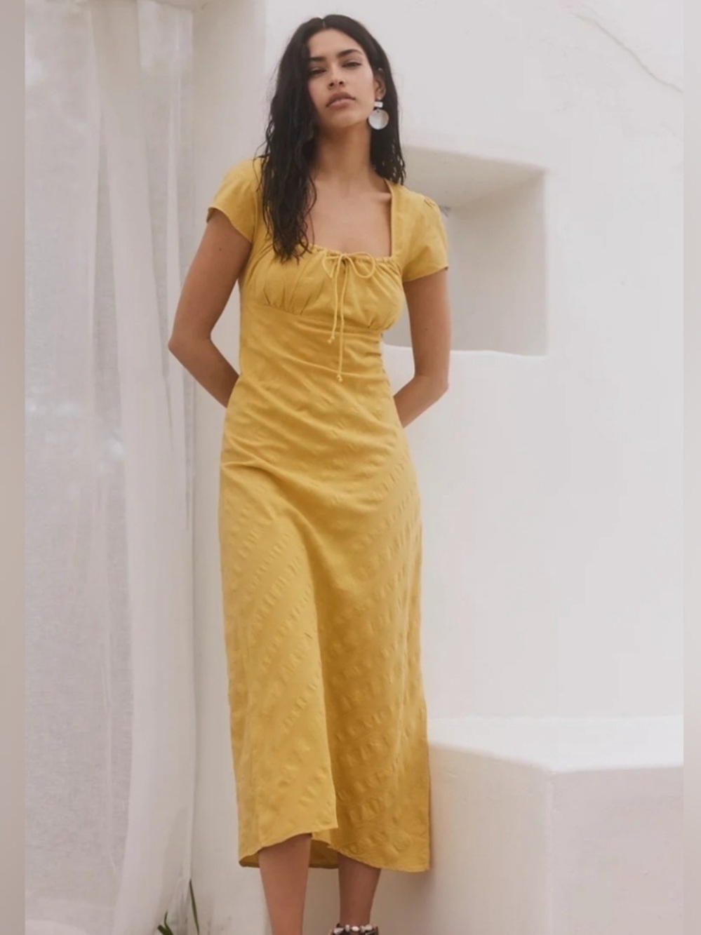 Mustard Midi Dress with Tie Front